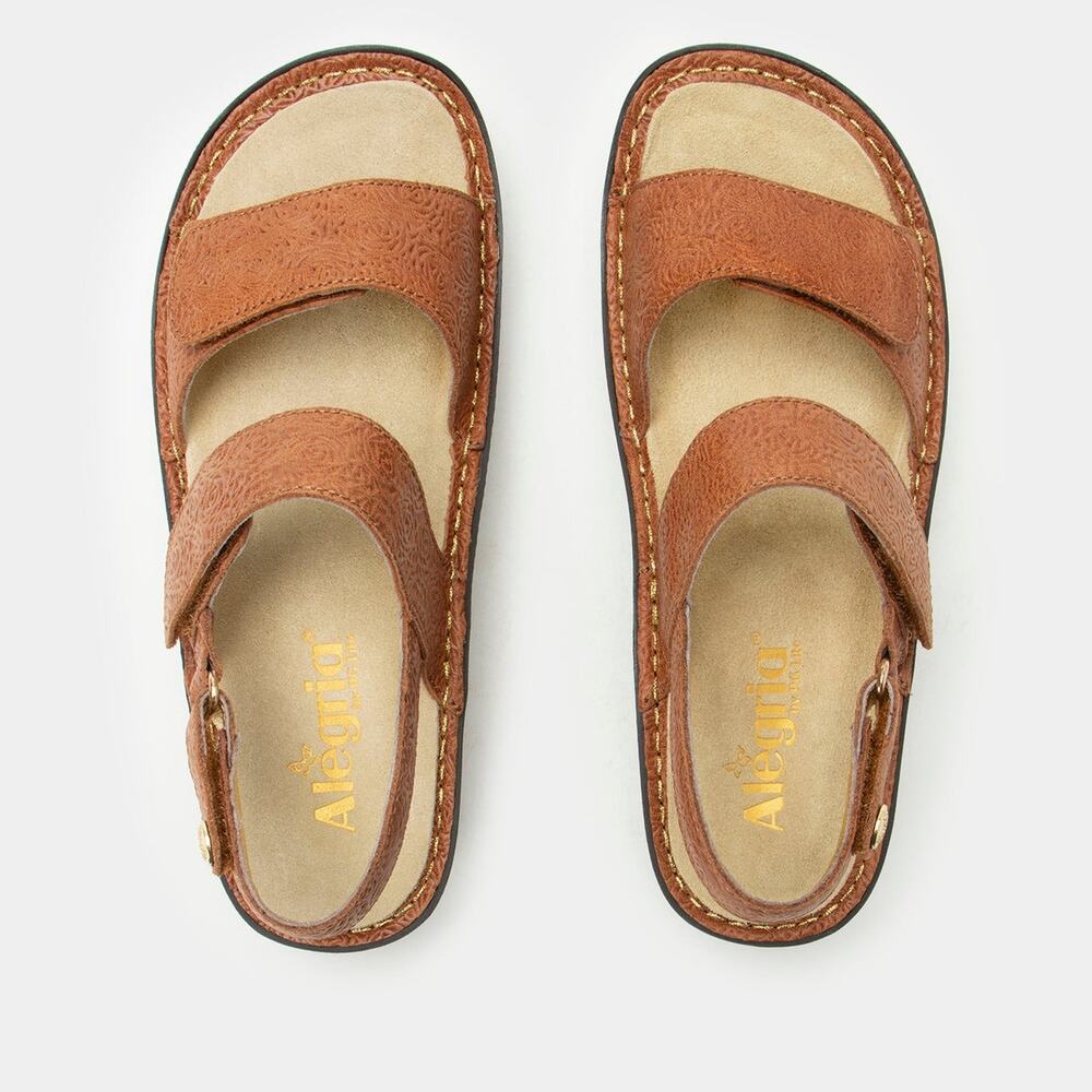 Alegria Leather Comfort Sandals Brown Embossed Floral Adjustable Straps Size 38